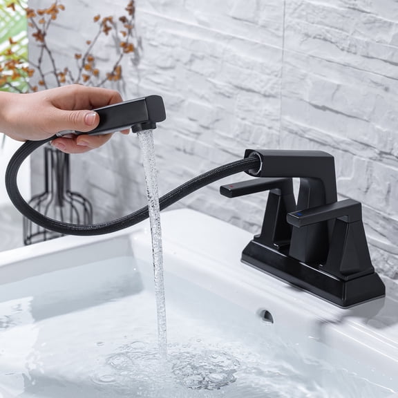 KAIYING 2 Handle Centerset Bathroom Sink Faucet, Black Bathroom Faucet 3 Hole with Pull Out Sprayer, 4 Inch Lavatory Faucet, Modern Vanity Tap, Mixer Tap for Hot and Cold Water