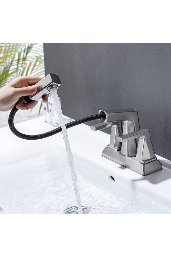 2 Handle Centerset Bathroom Sink Faucet, Bathroom Faucet 3 Hole with Pull Out Sprayer, 4 Inch Brushed Nickel Lavatory Faucet, Modern Vanity Tap, Mixer Tap for Hot and Cold Water