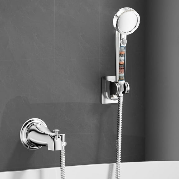 KAIYING Bathtub Faucet with Sprayer, Filtered 3-Mode Shower Head with ON/OFF Button, Metal Tub Tap Attachment Includes 3 Adapters, Shower Head for Tub Faucet (Chrome)