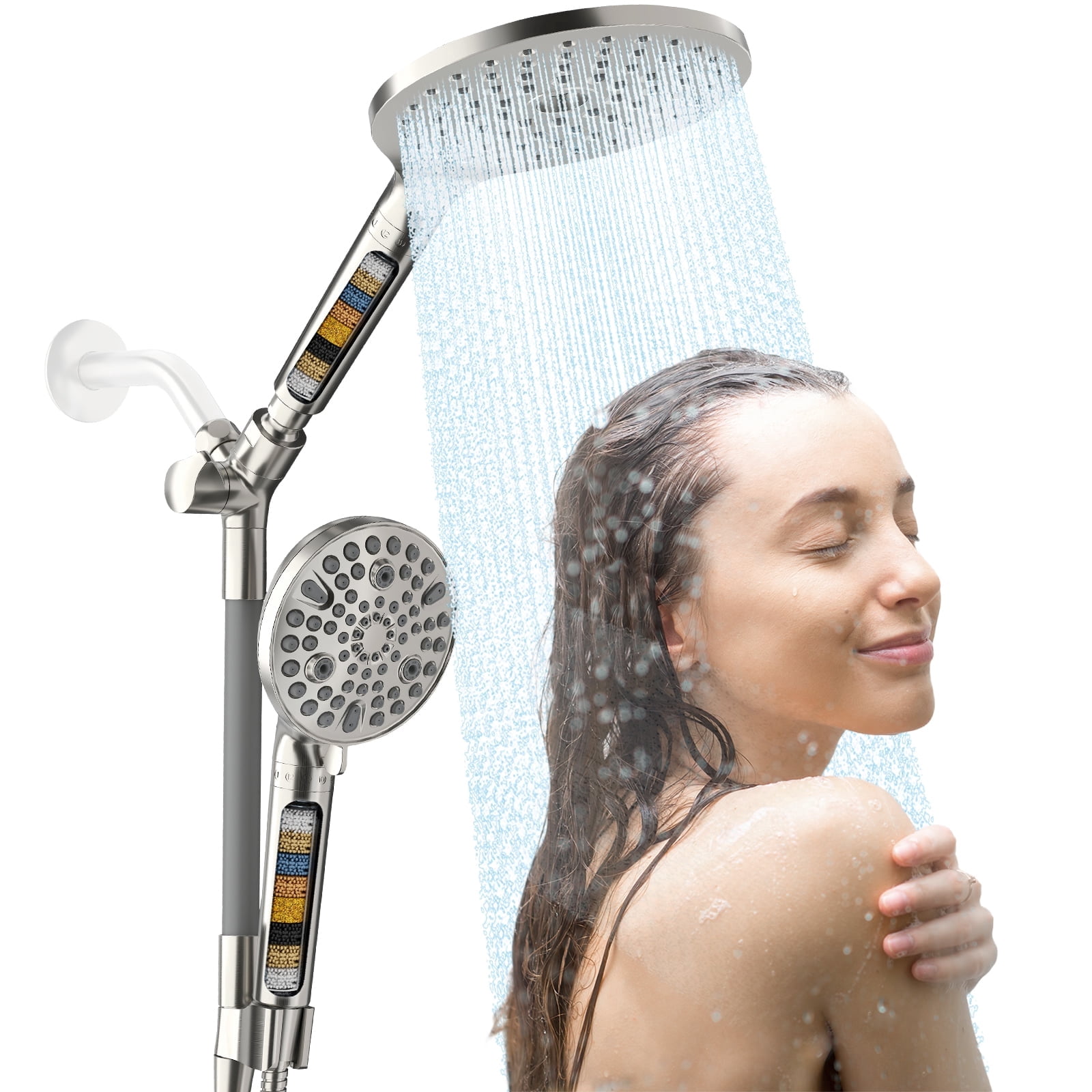 KAIYING Filtered Dual Shower Head System, 9-Mode Rain and Handheld Spray Combo with Adjustable Extension Arm, Brushed Nickel