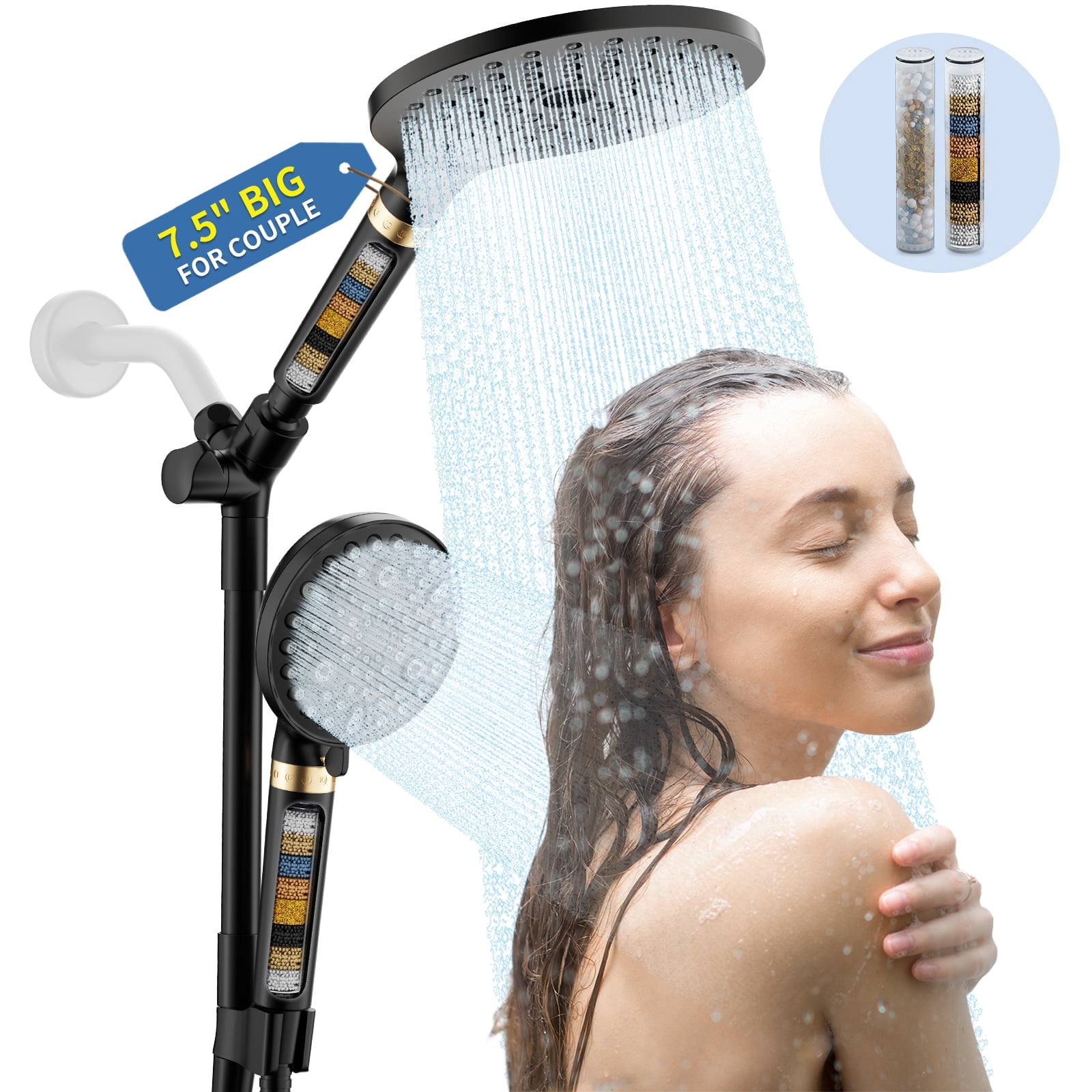 KAIYING Filtered Dual Shower Head System, 9-Mode Rain and Handheld Spray Combo with Adjustable Extension Arm, Mate Black