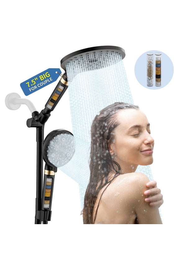 Filtered Dual Shower Head System, 9-Mode Rain and Handheld Spray Combo with Adjustable Extension Arm, Mate Black