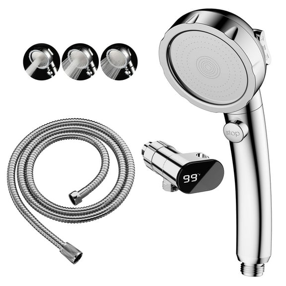KAIYING High Pressure Handheld Shower Head with Hose, On/Off Switch & LED Thermometer, Chrome