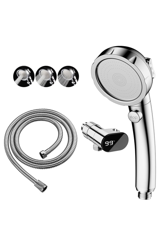 High Pressure RV Shower Head with Hose, Handheld Spray with On/Off Switch & LED Thermometer, Chrome