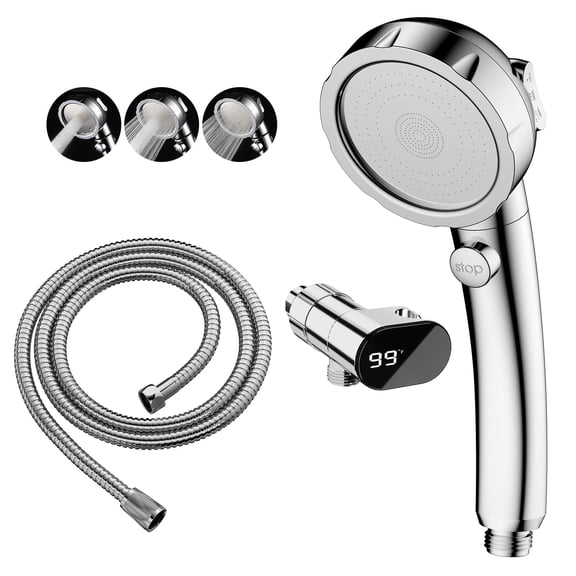 KAIYING Bath Handheld Showerhead, High Pressure RV Massager with Hose, LED Thermometer Bracket, 3 Spray on off Switch, Chrome