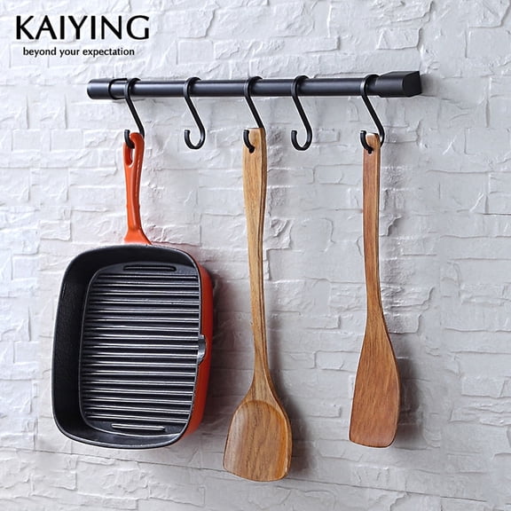 KAIYING Wall Mounted Aluminum Kitchen Utensil Holder and Pot Rack with 5 S-Hooks, Matte Black