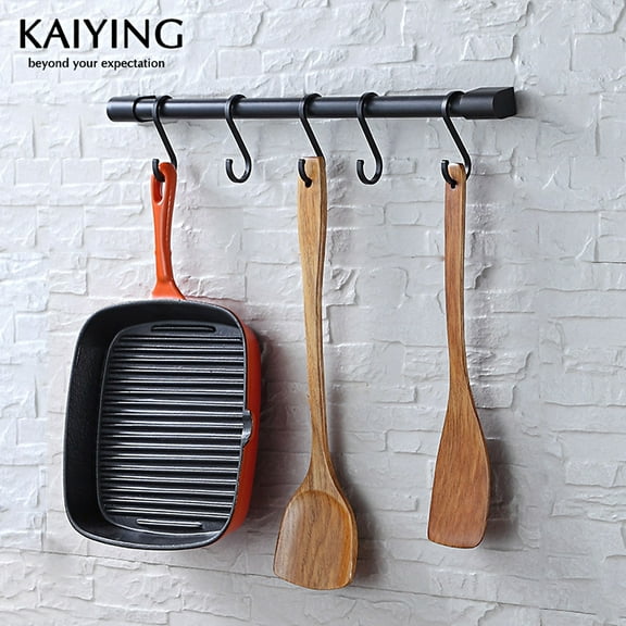 KAIYING Kitchen Utensil Rack with Removable S Hook for Hanging Pots and Pans, Black Rod Hooks for Mugs, Wall Mounted Kitchen Rail Organizer, Aluminum,(5 Hooks)