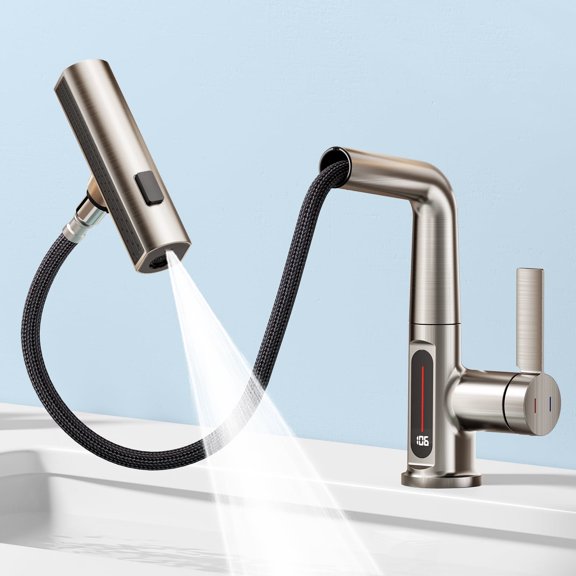 KAIYING Liftable Pull Out Bathroom Faucet with Temperature Display, 3-Mode Adjustable Height Sink Tap with 360 Swivel Spout, Brushed Nickel
