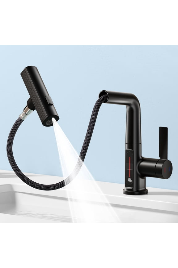 Liftable Pull Out Bathroom Faucet with Temperature Display, 3-Mode Adjustable Height Sink Tap with 360 Swivel Spout, Mate Black