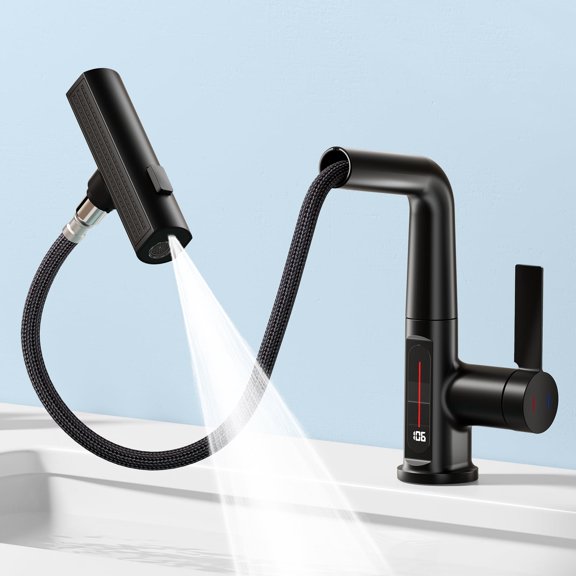KAIYING Liftable Pull Out Bathroom Faucet with Temperature Display, 3-Mode Adjustable Height Sink Tap with 360 Swivel Spout, Mate Black