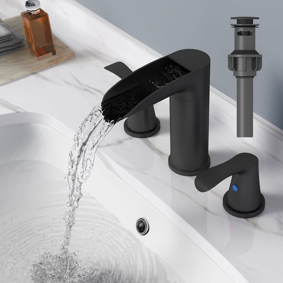 KAIYING Waterfall 8-inch Widespread 3-Hole Bathroom Faucet with Drain, Matte Black