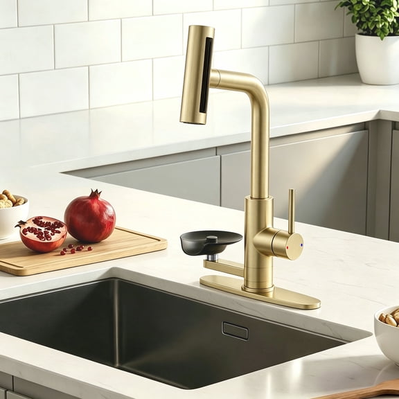 KAIYING Pull Down Kitchen Faucet with Integrated Glass Rinser, Stainless Steel, Brushed Gold