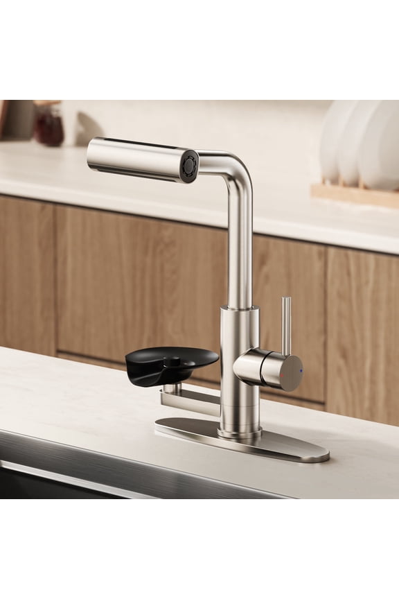 Pull Down Kitchen Faucet with Integrated Glass Rinser and Waterfall Mode, Brushed Nickel