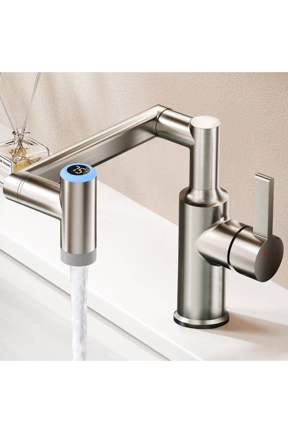 Brushed Nickel 1080 Rotatable Height Adjustable Single Handle Bathroom Faucet with Digital Temperature Display
