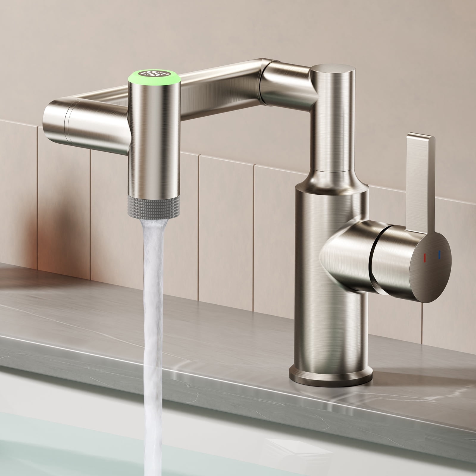 KAIYING Rotatable Bathroom Faucet with Digital Temperature Display, 1080 Degree Swivel Single Handle Sink Tap with 2 Spray Modes, Brushed Nickel
