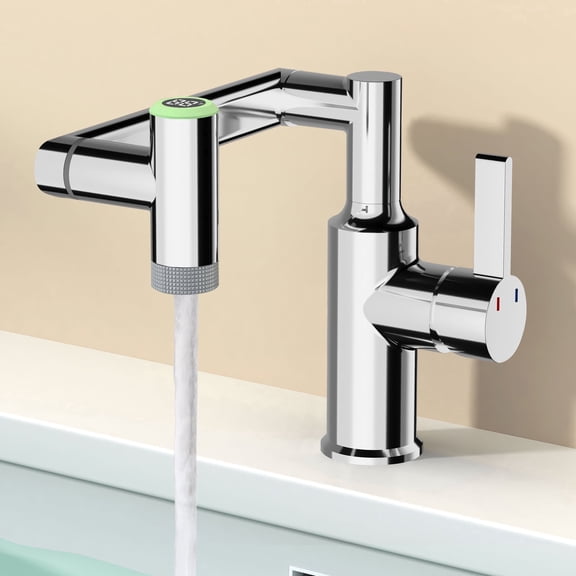 KAIYING Rotatable Bathroom Faucet with Digital Temperature Display, 1080 Degree Swivel Single Handle Sink Tap with 2 Spray Modes, Chrome