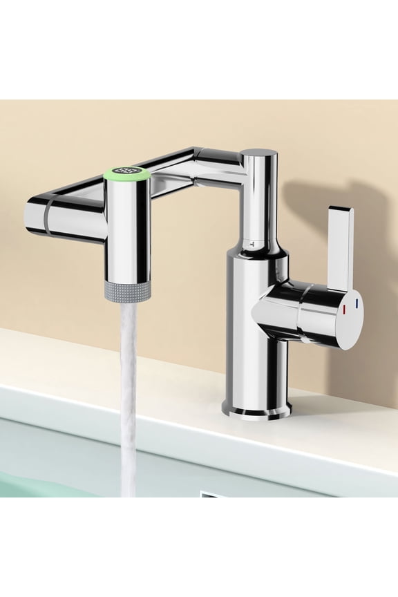 Rotatable Bathroom Faucet with Digital Temperature Display, 1080 Degree Swivel Single Handle Sink Tap with 2 Spray Modes, Chrome