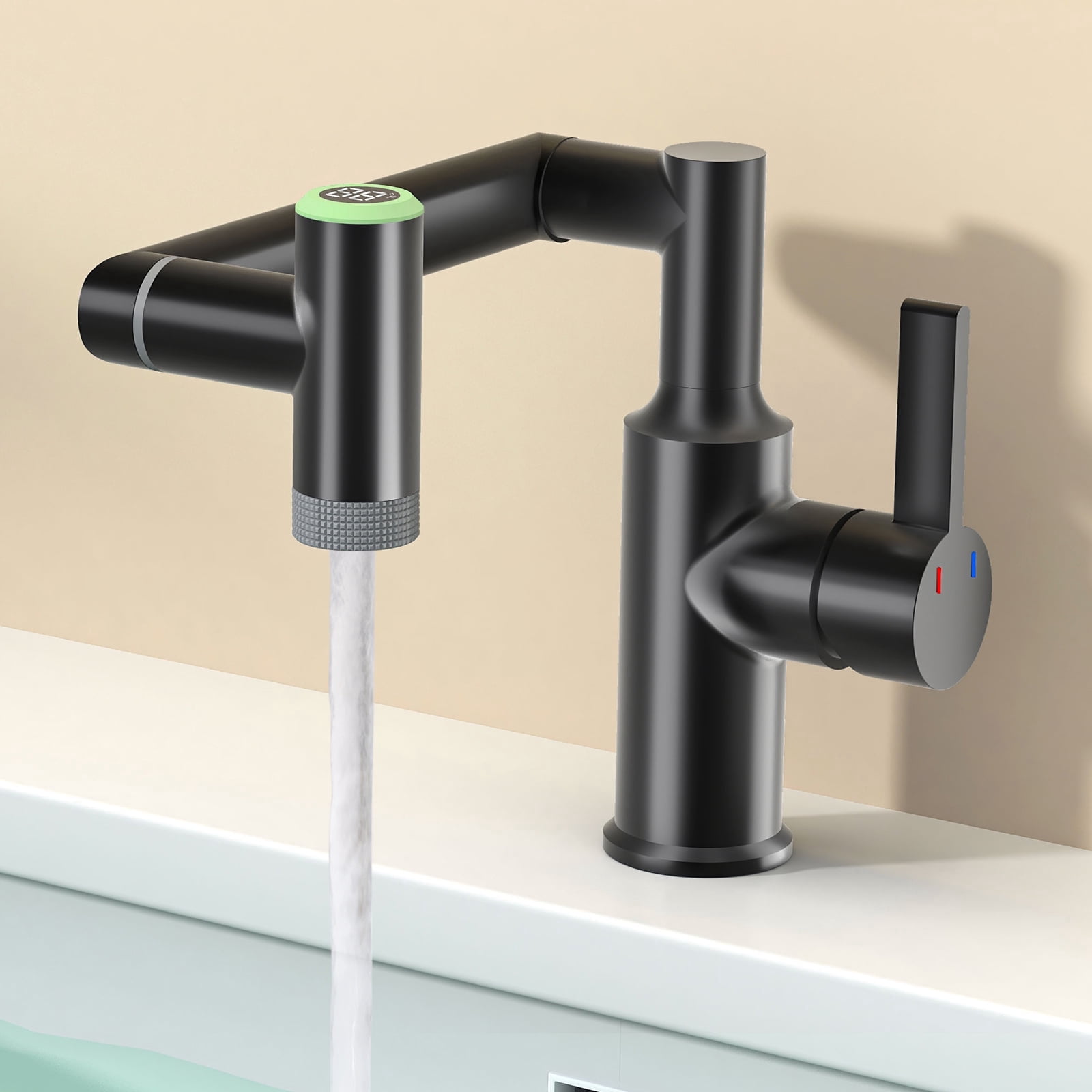 KAIYING Rotatable Bathroom Faucet with Digital Temperature Display, 1080 Degree Swivel Single Handle Sink Tap with 2 Spray Modes, Mate Black