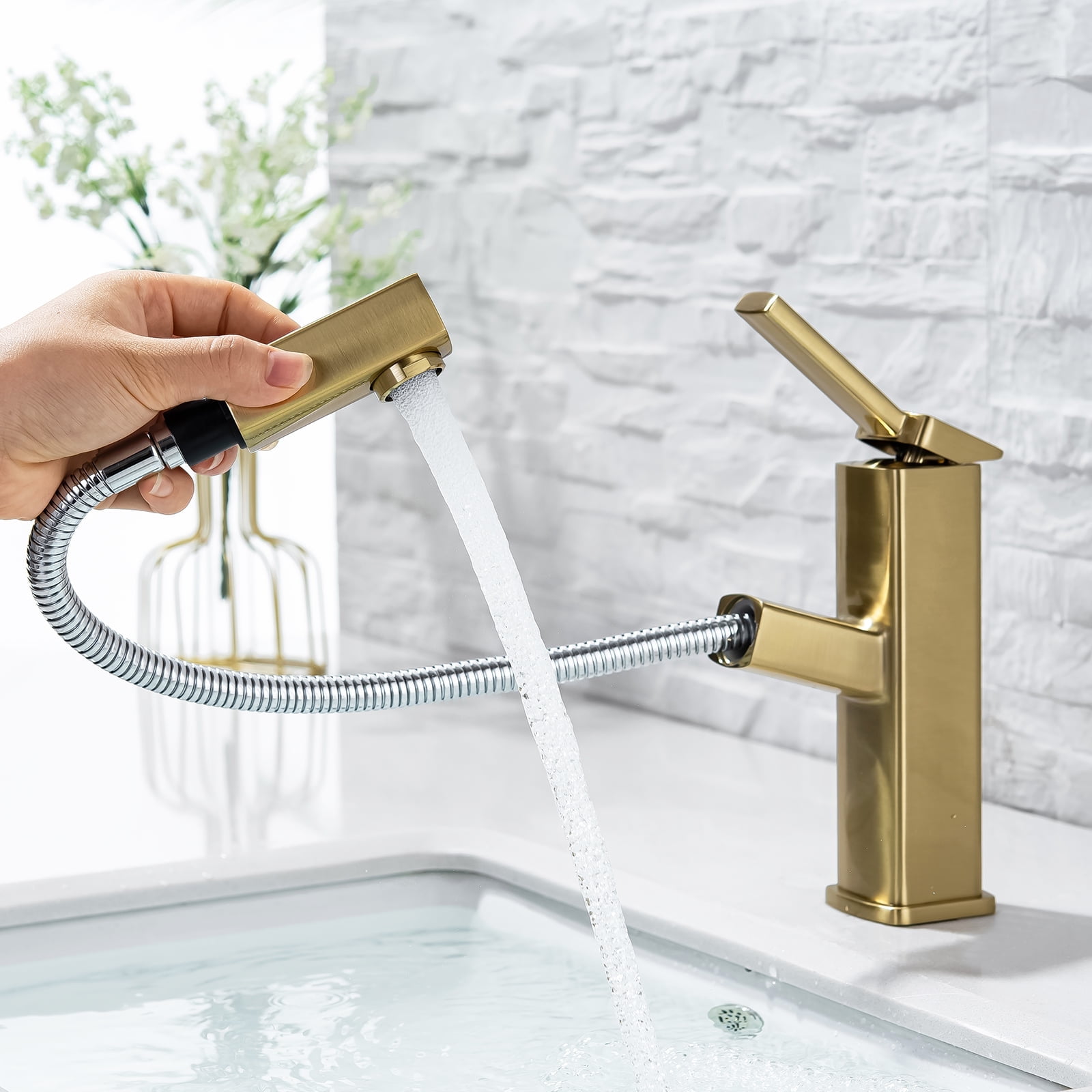 KAIYING Single Handle Bathroom Sink Faucet with Pull Out Sprayer, Rotating Spout, Pull Down Basin Mixer Tap for Hot and Cold Water (Regular,Brushed Champagne Gold)