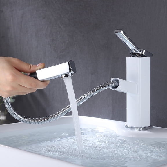 KAIYING Single Handle Bathroom Sink Faucet with Pull Out Sprayer, Rotating Spout, Pull Down Basin Mixer Tap for Hot and Cold Water (Regular, Chrome & White)