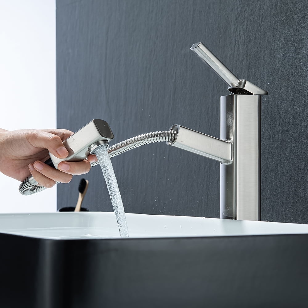 KAIYING Single Handle Bathroom Sink Faucet with Pull Out Sprayer, Rotating Spout, Pull Down Basin Mixer Tap for Hot and Cold Water (Tall, Brushed Nickel)