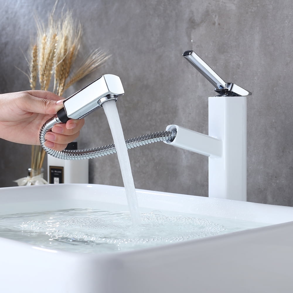 KAIYING Single Handle Bathroom Sink Faucet with Pull Out Sprayer, Rotating Spout, Pull Down Basin Mixer Tap for Hot and Cold Water (Tall, Chrome & White)