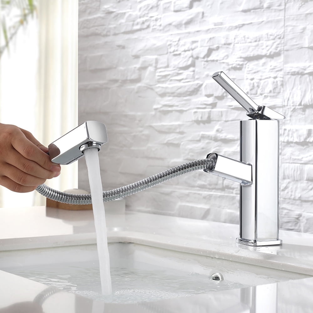 KAIYING Single Handle Bathroom Sink Faucet with Pull Out Sprayer, Rotating Spout, Pull Down Basin Mixer Tap for Hot and Cold Water (Regular, Chrome)