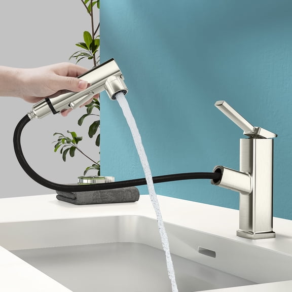 KAIYING Single Hole Bathroom Faucet, Modern Single Handle Pull Out Sink Faucet with 3 Water Flow Modes, Fountain Bathroom Faucet with Sprayer (Brushed Nickel, Regular)
