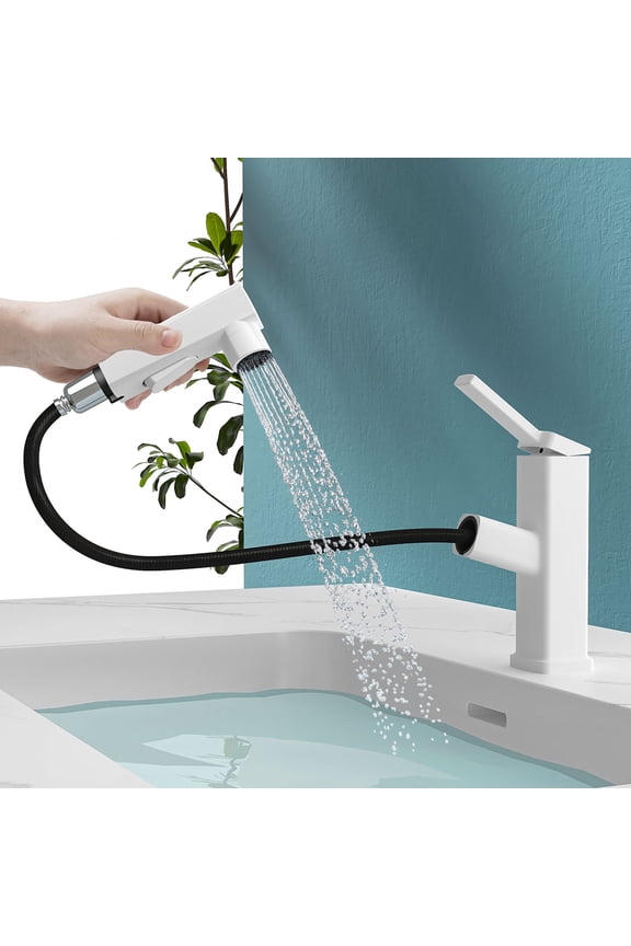 Single Hole Bathroom Faucet, Modern Single Handle Pull Out Sink Faucet with 3 Water Flow Modes, Fountain Bathroom Faucet with Sprayer (White, Regular)