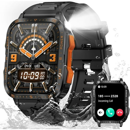 Fengqingyang Military Smartwatch for Men with LED Flashlight Watch 1.96' Big Screen Tactical Fitness Tracker with Make Calls for iPhone Android