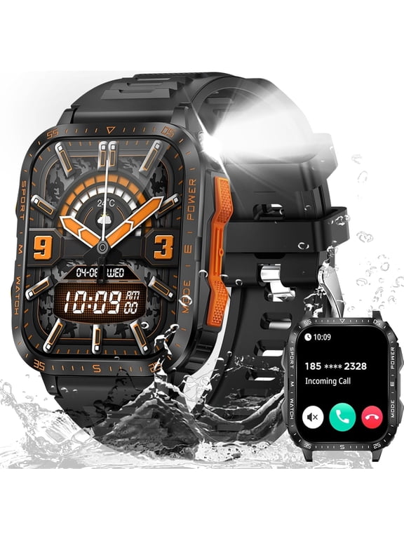 Military Smartwatch for Men with LED Flashlight Watch 1.96' Big Screen Tactical Fitness Tracker with Make Calls for iPhone Android