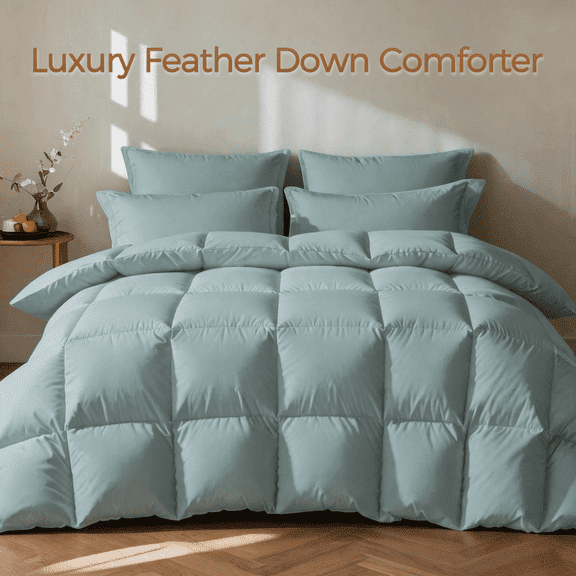 KAKABELL Goose Feather & Down Comforter Queen Size, 3D-Baffle Box Construction, 8 Corner Tabs,Top-Grade White Goose Feather & Down 100% Cotton Cover, Soft & Airy, 90" x 90"