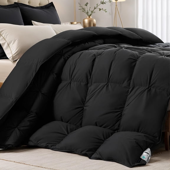 KAKABELL Pinch Pleat Goose Down Feather Fiber Comforter King Size, Breathable Fluffy Black Duvet Insert with Cotton Fabric, 750+Fill Power All Season Hotel-Quality Bed Comforter 90" x 106"