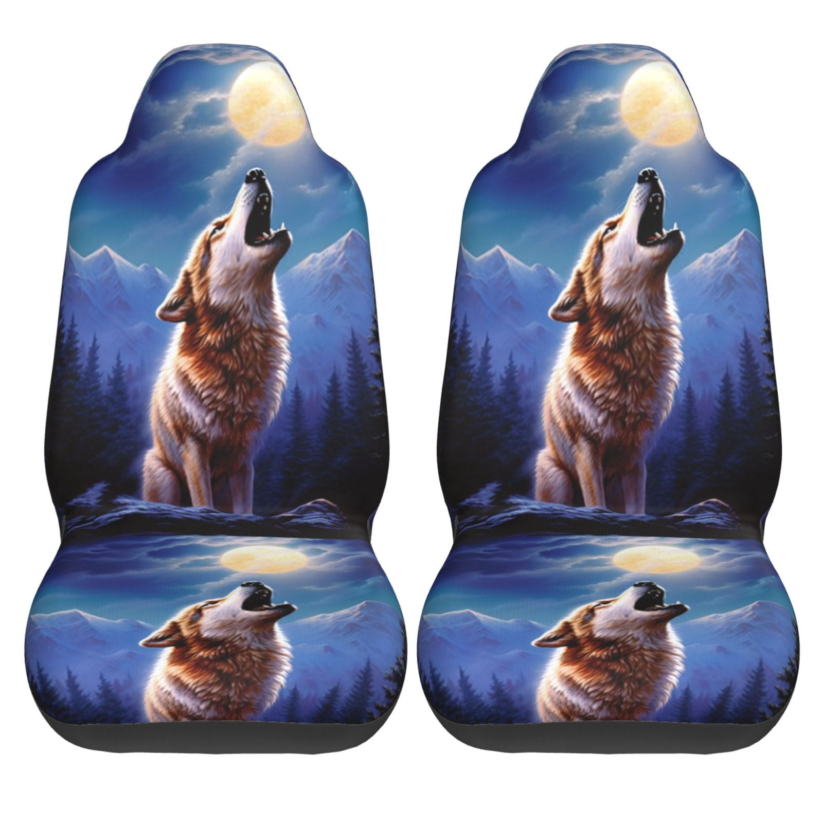 KAKALAD 3d Animal Wolf Moon 03 Car Seat Covers Set Vehicle Front Seats Protector 2 Pcs