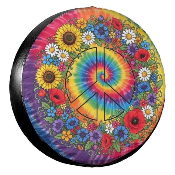 KAKALAD 70s Boho Te-Dye Rainbow Peace Symbol Spare Tire Cover Universal Vehicle Accessories Buckle Car Tools 15”in