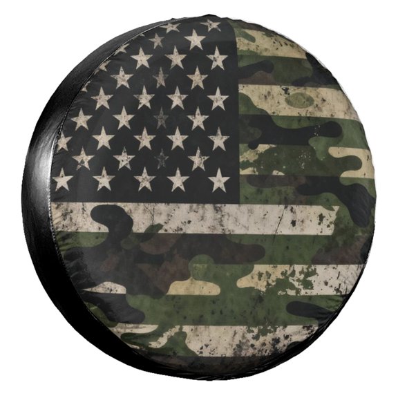 KAKALAD American Flag With Camouflage 04 Tire Cover Universal Durable Waterproof Car Vehicle Tools Accessories Buckle 14” Inch