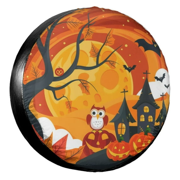 KAKALAD Autumn Halloween Pumpkin Owl 01 Spare Tire Cover Universal Car Vehicle Tools For Rv SUV Truck Camper Travel Trailer Accessories Buckle 15” Inch