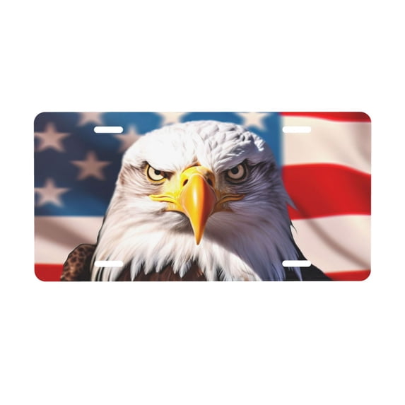 KAKALAD Bald Eagle American Flag 12 Aluminum Universal Car Vehicles License Plate 6" x 12" (4 Holes)