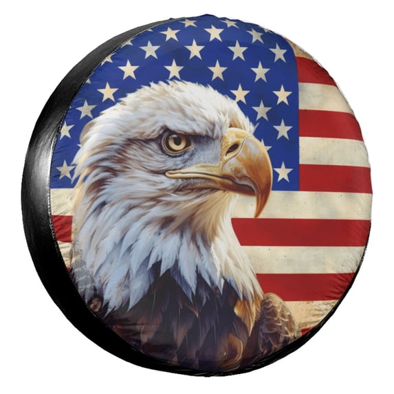 KAKALAD Bald bird with american flag Spare Tire Cover Universal Vehicle Accessories Buckle Car Tools 14”in