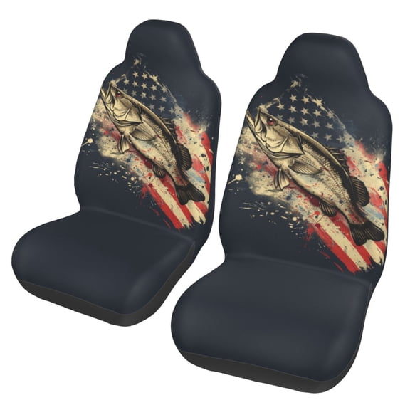KAKALAD Bass Fish Jumping American Flag 06 Car Accessories Seat Covers Set Vehicle Seat Covers Universal Front Seats Protector 2 Pcs