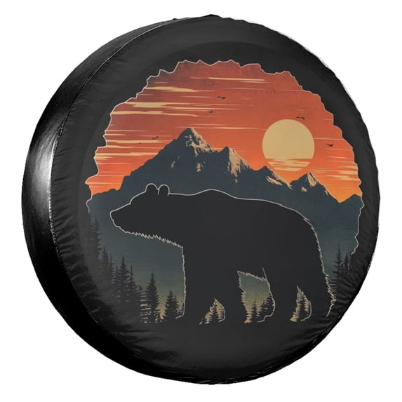KAKALAD Bear Sunset Mountains Spare Tire Cover Universal Vehicle Accessories Buckle Car Tools 15”in