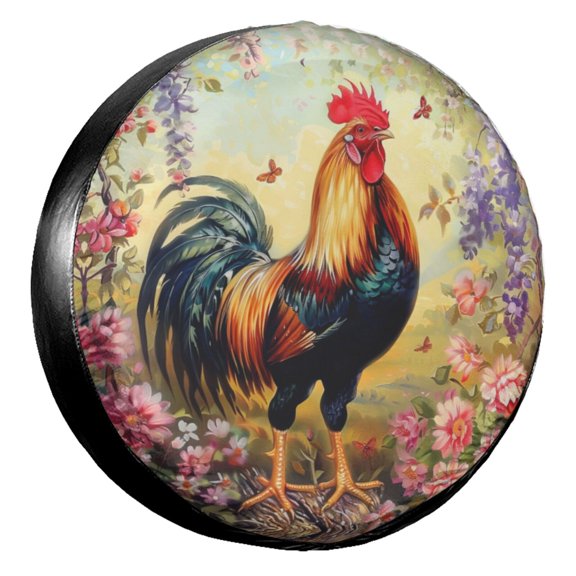 KAKALAD Birds Lovely Rooster Spring Flowers Seasons 03 Spare Tire Cover Universal Car Vehicle Tools For Rv SUV Truck Camper Travel Trailer Accessories Buckle 16” Inch
