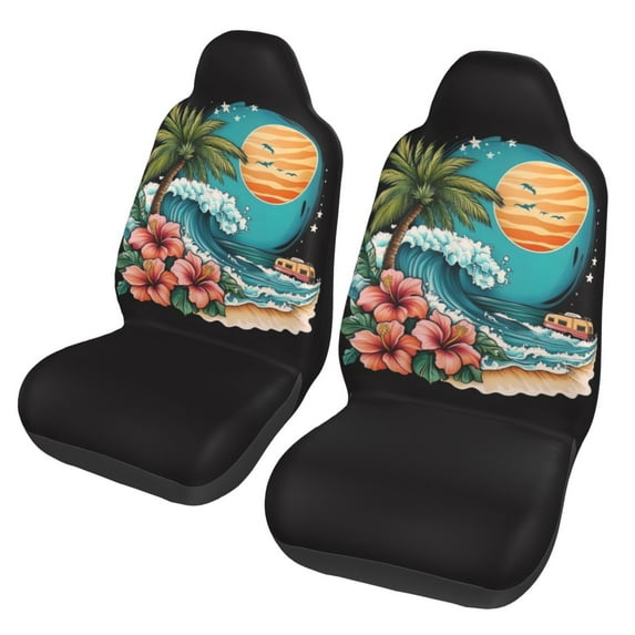 KAKALAD Blue Tropical Waves Beach Hibiscus Camper Car Accessories Seat Covers Set Vehicle Seat Covers Universal Front Seats Protector 2 Pcs