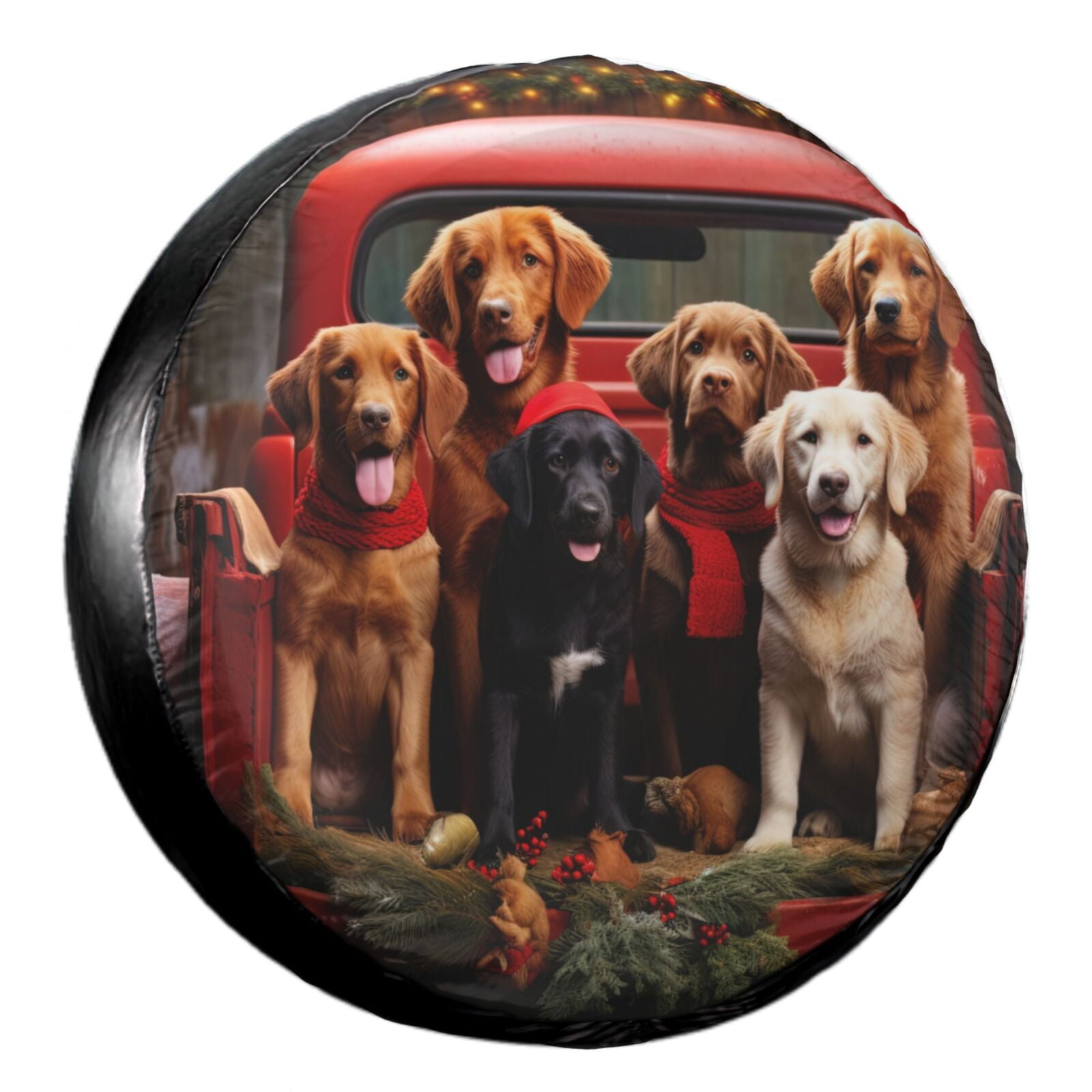 KAKALAD Christmas Red Truck Golden Retriever Dog 01 Spare Tire Cover