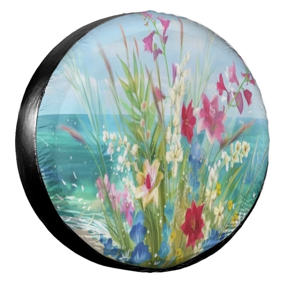 KAKALAD Coastal Flowers Summer 02 Spare Tire Cover Universal Vehicle Accessories Buckle Car Tools 16”in