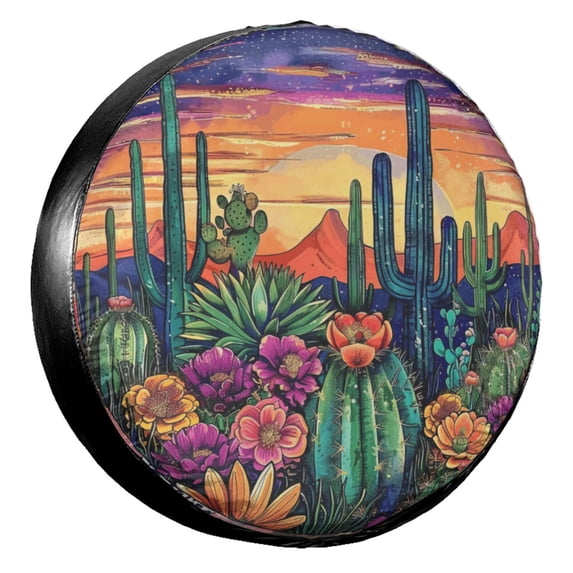 KAKALAD Colorful Desert Cacti Wildflowers Leopard Print 01 Spare Tire Cover Universal Vehicle Accessories Buckle Car Tools 17”in