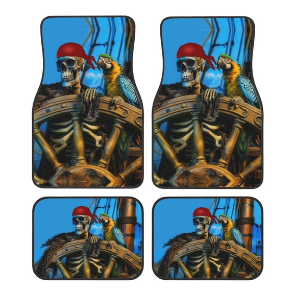 KAKALAD Corsair Skeleton Captain Steering Wheel Parrot 01 Car Floor Mats 4PC Set Carpet Protection, Universal Fit for Car SUV VA & Truck, Vehicle Front & Rear