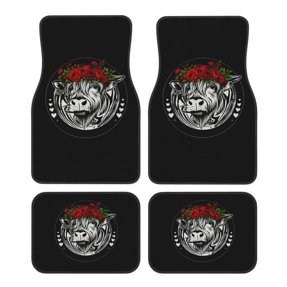 KAKALAD Cow Face Rose Car Floor Mats 4PC Set Carpet Protection, Universal Fit for Car SUV VA & Truck, Vehicle Front & Rear