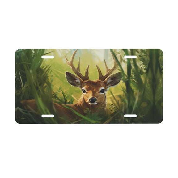KAKALAD Deer Head In Tall Grass 04 Aluminum Universal Car Vehicles License Plate 6" x 12" (4 Holes)