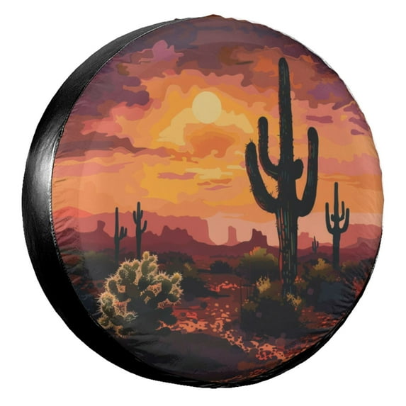 KAKALAD Desert Sunset Cactus 02 Spare Tire Cover Universal Vehicle Accessories Buckle Car Tools 15”in